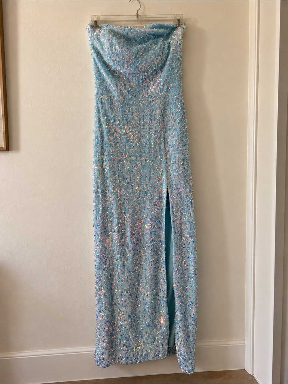 B. Smart Blue Iridescent Sequin Strapless Maxi Dress Slit Approx L